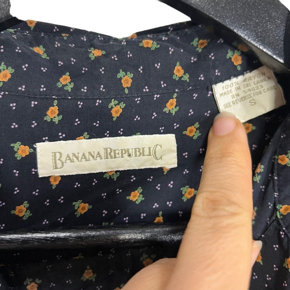 Vintage 90s Banana Republic Dark Blue Micro Floral Long Sleeve Button Up Top Sma - Picture 4 of 9